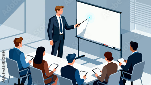 This isometric illustration shows a business professional presenting data to a group of colleagues taking notes in a conference room, capturing a corporate meeting focused on strategy and analysis.