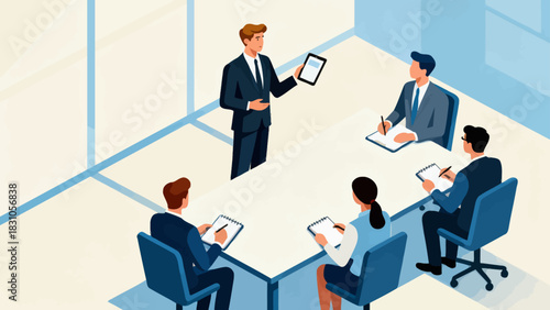 This isometric illustration shows a business professional presenting data to a group of colleagues taking notes in a conference room, capturing a corporate meeting focused on strategy and analysis.
