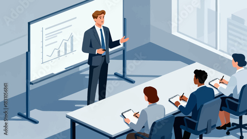 This isometric illustration shows a business professional presenting data to a group of colleagues taking notes in a conference room, capturing a corporate meeting focused on strategy and analysis.