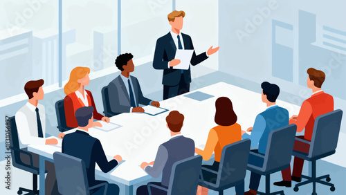 This isometric illustration shows a business professional presenting data to a group of colleagues taking notes in a conference room, capturing a corporate meeting focused on strategy and analysis.