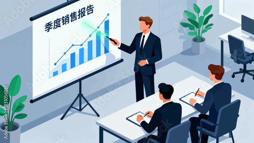 This isometric illustration shows a business professional presenting data to a group of colleagues taking notes in a conference room, capturing a corporate meeting focused on strategy and analysis.