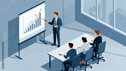 This isometric illustration shows a business professional presenting data to a group of colleagues taking notes in a conference room, capturing a corporate meeting focused on strategy and analysis.