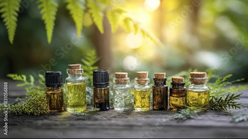 A row of small glass bottles with various colored oils on a weathered wooden surface The bottles with corks and screw caps are surrounded by green foliage with a sunlit blurry background