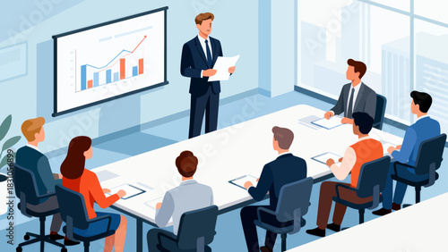 This isometric illustration shows a business professional presenting data to a group of colleagues taking notes in a conference room, capturing a corporate meeting focused on strategy and analysis.