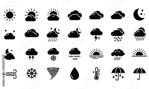 Minimalist weather icon set in flat grey line-art style on dark background featuring sun, cloud, rain, snow, wind, and storm symbols