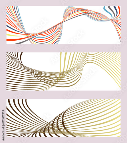 Wavy lines or ribbons. Set of 3 backgrounds. Multicolored striped gradient. Creative unusual background with abstract wavy lines. Fashionable banner, poster. eps 
