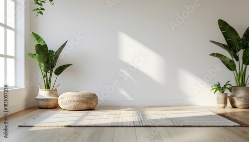 Sunny yoga and meditation space with wooden floor high resolution photo
