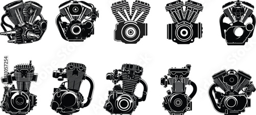 Motorcycle engine vector collection black and white illustration