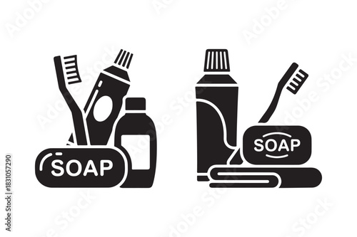 Black and white icons of bathroom hygiene essentials