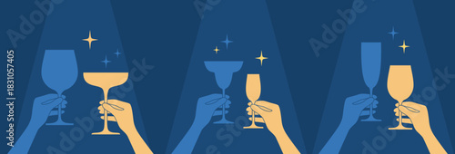 Hands holding different glasses with drinks under spotlights, flat vector illustration