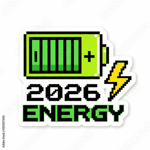 Pixel art 2026 energy concept with a charging green battery icon.