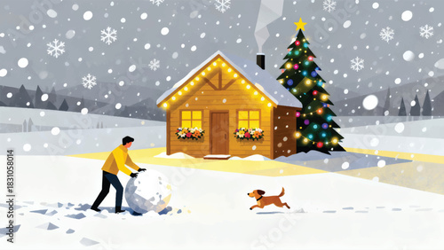Illustration Of A Person Rolling A Large Snowball Accompanied By A Small Dog Running Around Vector Design Template