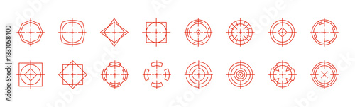 Red Varied crosshair shapes set. Collection of distinct target aim and focus icons. Vector reticles for game development security systems and high targeting precision. Icon vector.