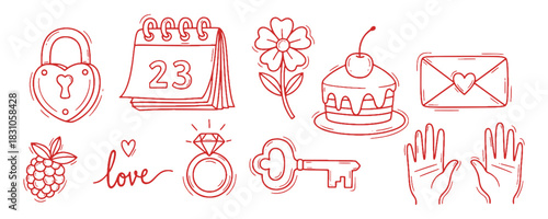 Romantic love and wedding doodle vector set. Hand drawn heart, diamond ring, cake and calendar. Pink sketch illustrations for Valentine's day, engagement and relationship