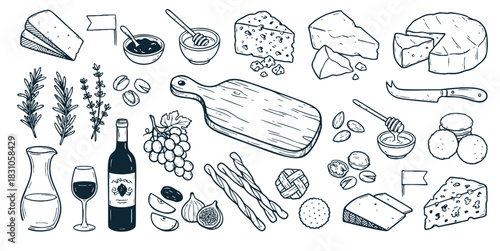 Cheese board and wine doodle vector set. Hand drawn gouda, cheddar, honey, nuts and herbs. Blue sketch illustrations for charcuterie platter, tasting event and appetizers