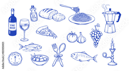 Italian breakfast and dinner doodle vector set. Hand drawn moka pot, wine glass, bread and fish. Blue sketch illustrations for mediterranean cuisine and cafe menu