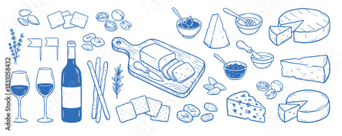 Wine and cheese tasting doodle vector set. Hand drawn crackers, nuts, honey and wine glasses. Blue sketch illustrations for gourmet appetizer menu and party snacks.