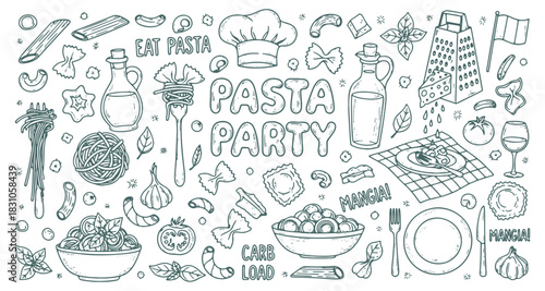 Pasta party lettering and food doodle vector set. Hand drawn italian noodles, wine and chef hat. Blue sketch illustrations for restaurant branding and menu