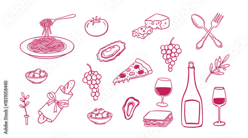 Fine dining italian food doodle vector set. Hand drawn oysters, pasta fork, wine and cheese. Blue sketch illustrations for seafood restaurant menu and mediterranean cuisine