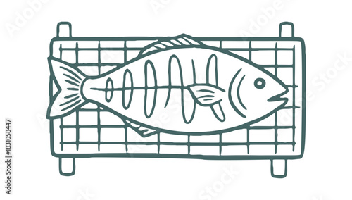 Grilled fish on rack doodle vector illustration. Hand drawn bbq seafood cooking on fire. Blue sketch icon for summer picnic, restaurant menu and mediterranean diet