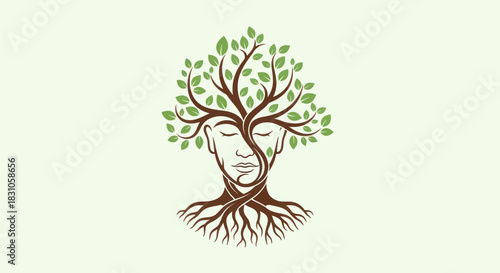 Human Head Tree Illustration Merging Nature and Mind Growth Roots Green Leaves Ecology Concept