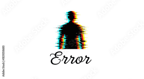 Abstract digital glitch effect on a human silhouette with an error text warning message