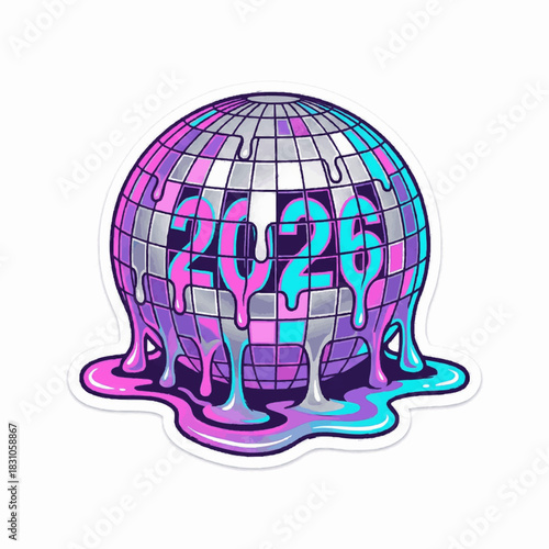 Futuristic Dripping Disco Ball Celebrating the Year 2026.