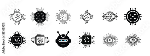 Electronic circuit and computer chip icon set for technology designs