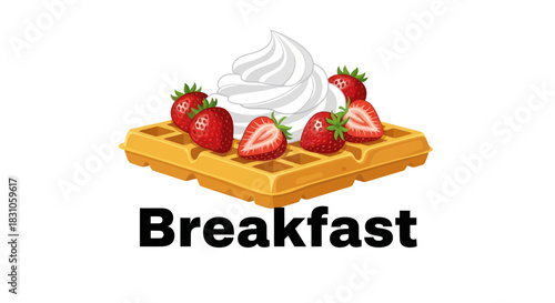 Sweet Breakfast Waffle Topped with Fresh Red Strawberries and Creamy Whipped Dessert Illustration
