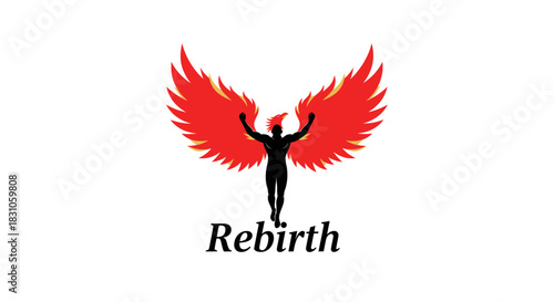 Powerful Rebirth Concept with Human Silhouette and Majestic Phoenix Fire Wings for Inspirational