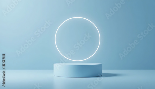 Minimalist pastel blue stage with a glowing white oval neon light and a cylindrical pedestal