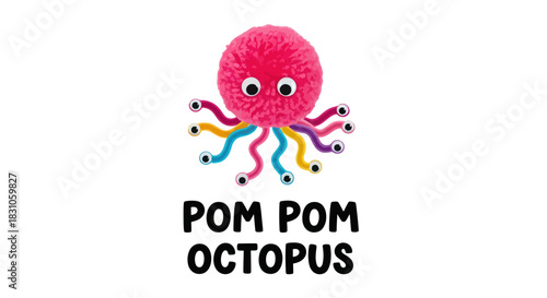 Adorable Handmade Pink Pom Pom Octopus with Vibrant Rainbow Tentacles and Cute Googly Eyes Craft
