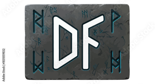 Ancient Glowing Runic Stone Tablet with Mystic Symbols and Central DF Letters