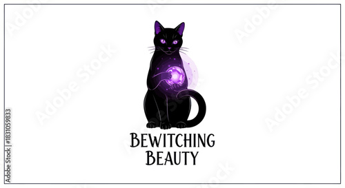 Mystical Black Cat Holding Glowing Purple Orb Enchantment Vector Illustration Isolated
