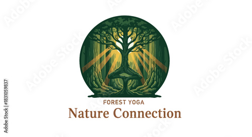 Serene forest yoga logo merging tree and meditating person with sun rays design