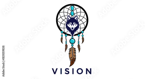Mystical Dreamcatcher with Wolf Head and Turquoise Feathers Indigenous Spiritual Symbol Design