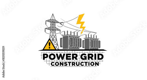 Bold Power Grid Construction Logo Featuring Pylon Transformers Lightning Bolt and Electrical