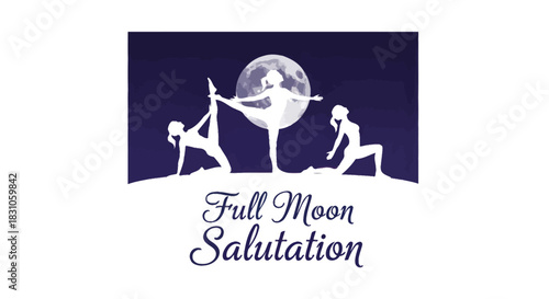 Peaceful Full Moon Yoga Salutation with Women Silhouettes in Harmonious Poses