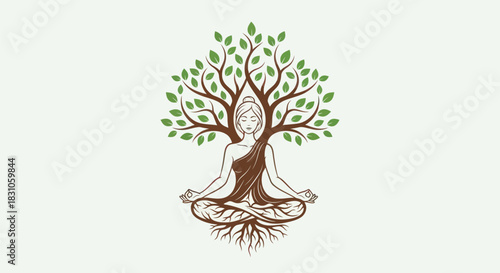 Meditating woman integrated with a lush green tree and strong roots symbolizing spiritual growth