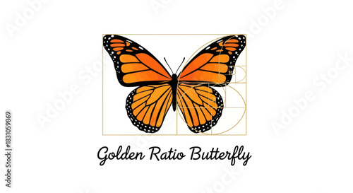 Elegant Monarch Butterfly Illustration Displaying Mathematical Golden Ratio Spiral Design Concept