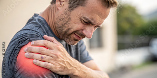 Male shoulder pain injury inflammation muscle strain ache discomfort adult man closeup outdoors healthcare