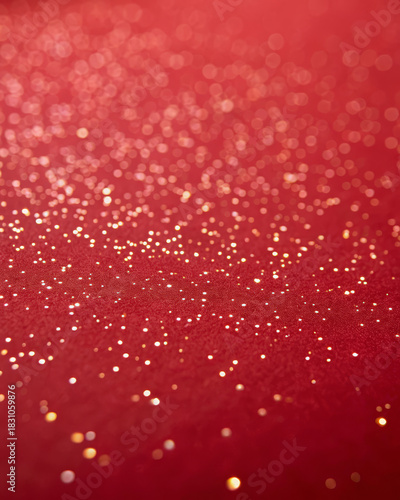Shimmer glitter dust red background festive sparkle bokeh luxury paper texture gold speck soft blur elegant mood holiday glow warm light dreamy vibe