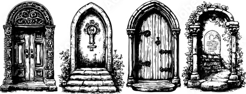 Illustration of a set of unique doors featuring intricate designs and stone pathways, presented in a black and white vector illustration.