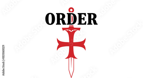 Ancient Order Symbol with Red Cross Sword Emblem on Clean White Background Design