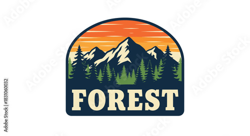 Retro style outdoor adventure forest emblem with mountain landscape and warm sunset sky illustration