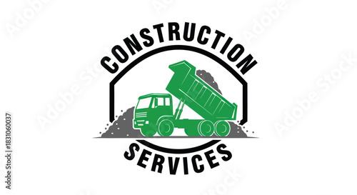 Green dump truck hauling and unloading aggregate for construction services logo design