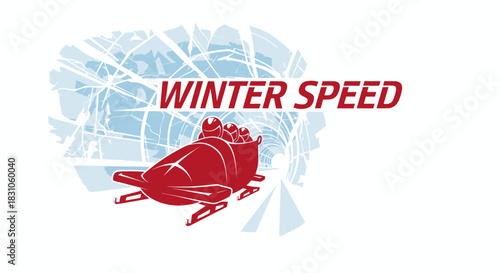 Dynamic Bobsled Team Racing Down Icy Track Graphic Illustration for Winter Sports