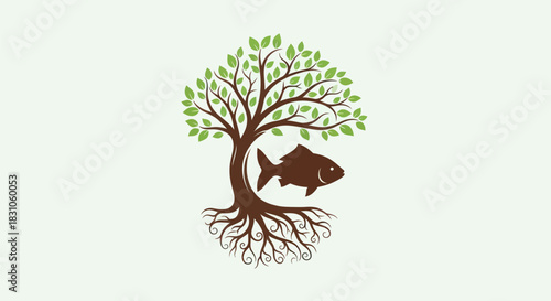 Nature inspired tree and fish logo symbol illustrating environmental balance and ecological