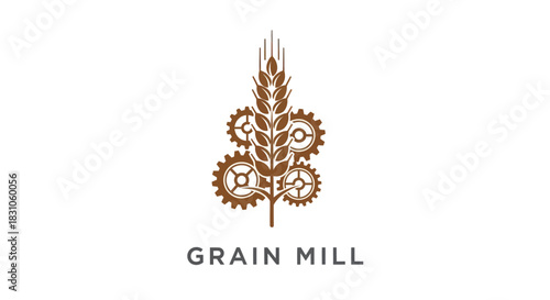 Modern wheat grain ear integrated with industrial gears logo for agricultural food processing brand