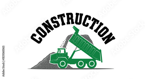 Vibrant green heavy duty dump truck unloading gravel vector graphic construction site logo